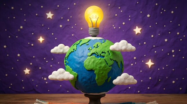 Claymation globe with glowing lightbulb and clouds on starry background JPEG.