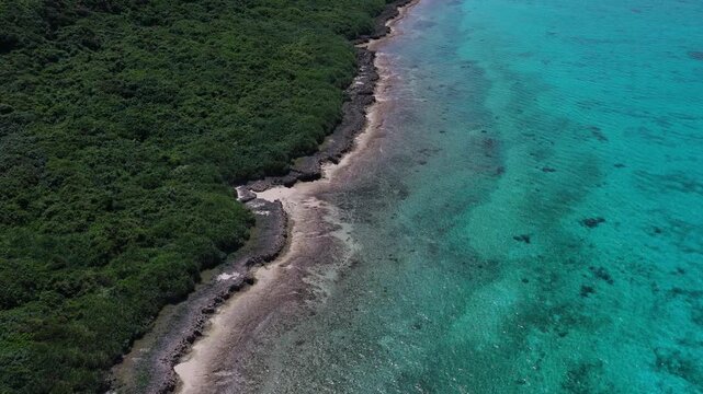 Horizontal cameo shot dollying forward from an elevated downward angle while facing left over the turquoise coastline of Kurima Island, Okinawa, Japan