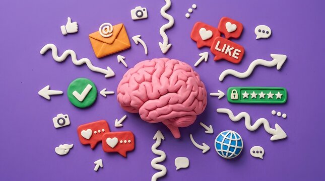 Claymation human brain surrounded by social media on purple background JPEG.