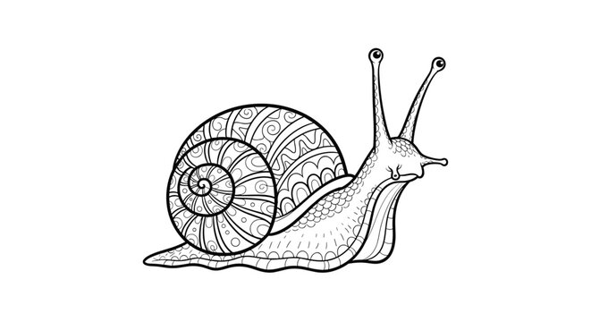 Detailed coloring page of a slow snail with a beautifully patterned spiral shell on a clean white background.