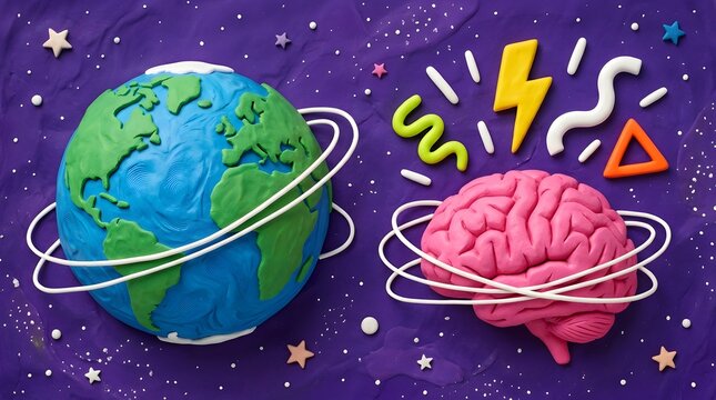 Clay model of earth and human brain with abstract shapes on purple background JPEG.