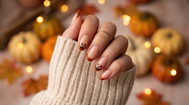 Woman's hand with Halloween pumpkin nail art and cozy sweater. Festive autumn manicure for seasonal beauty, holiday celebrations, and fall fashion trends.
