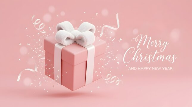 3 d render of a pink square gift box with white ribbon and confetti JPEG.