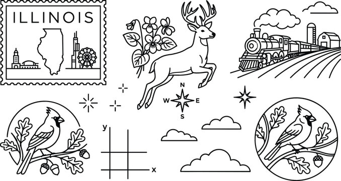 Illinois state symbols landmark line art vector set featuring cardinal bird deer violet flower postage stamp and train