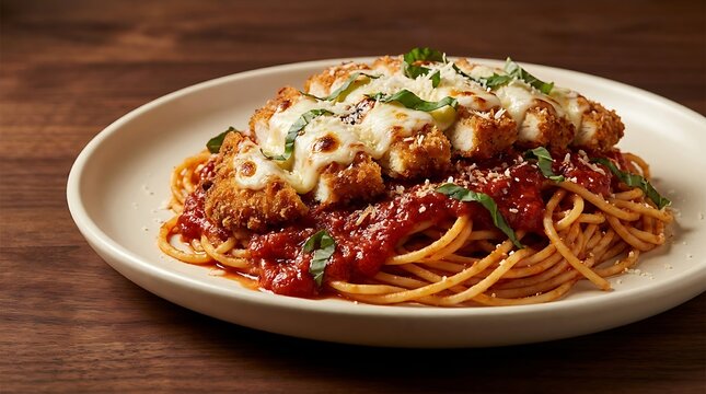 Delicious grilled chicken pasta with tomato sauce and herbs served on a plate on a rustic wooden table. italian american fusion