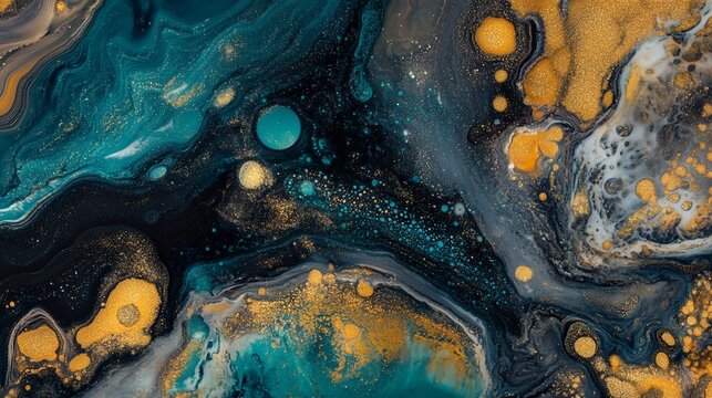 Teal, gold, abstract fluid art; swirling paint, dark background; design, d?cor