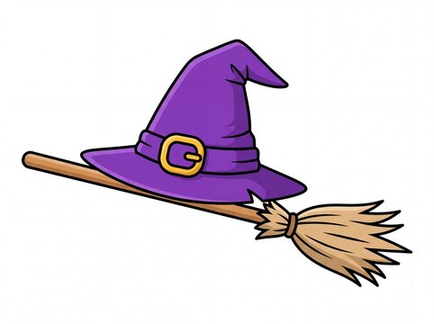 Purple witch hat resting on a magic wooden broomstick