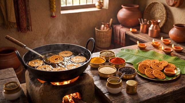 Authentic Chakli frying in a cast iron kadai with spices, banana leaves and glowing diyas.