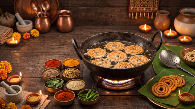 Authentic Chakli frying in a cast iron kadai with spices, banana leaves and glowing diyas.