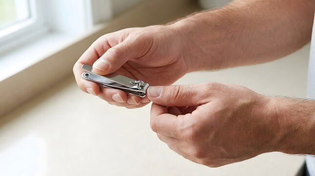 Hands holding a silver metal nail clipper to trim fingernails by a window.