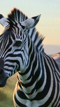 Vertical video: Grazing plains zebra seeing near muzzle and lifting head in warm grass