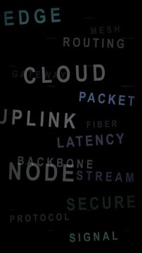 Abstract vertical motion graphic of network and cloud computing terminology moving through a dark digital tunnel.