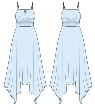 Casual dress with handkerchief hemline with smocked waist, keyhole with tie up at front and noodle straps