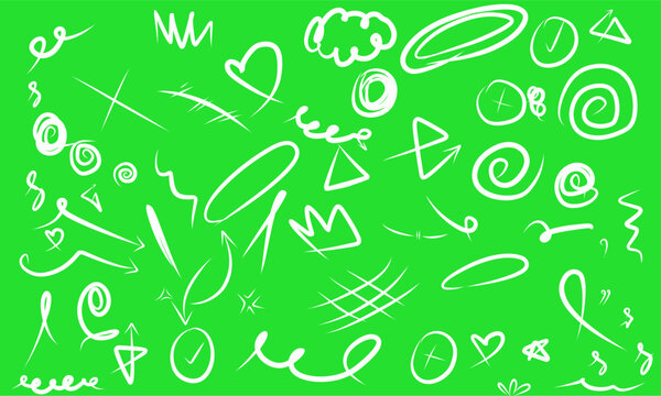 Hand-drawn white doodle elements, arrows, and symbols set isolated on a bright green screen background