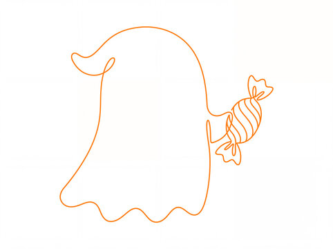 Cute minimalist ghost holding a candy in single line art style