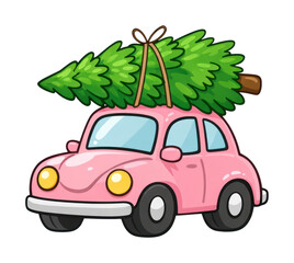 Obraz premium PNG Cute pink car carrying a Christmas tree, festive cartoon illustration