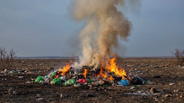 Burning garbage dump with smoke and flames in a desolate landscape. This environmental disaster highlights pollution, waste management issues, and the urgent need for sustainable solutions.