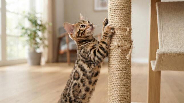 Bengal Cat Scratching a Sisal Cat Scratcher Post