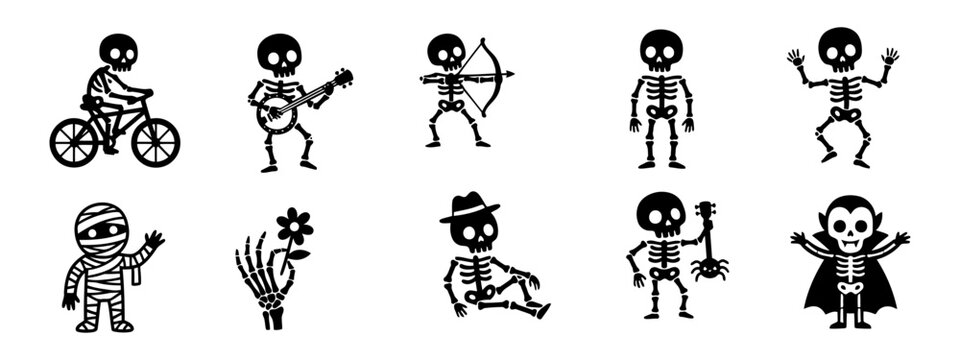 Set of cute skeletons and monsters, cartoon vector characters for halloween