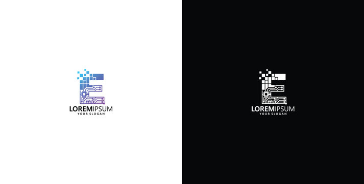 Modern digital letter E logo template featuring a high-tech pixelated pixel design in gradient colors