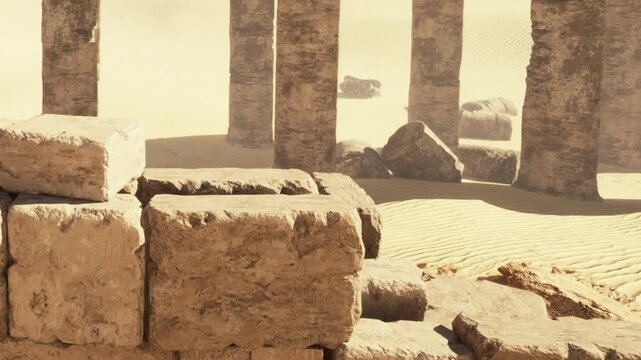 In a sunlit desert, ancient stone columns rise from the shifting sands, hinting at forgotten civilizations. Sunlight casts shadows, revealing time worn textures and secrets of history.