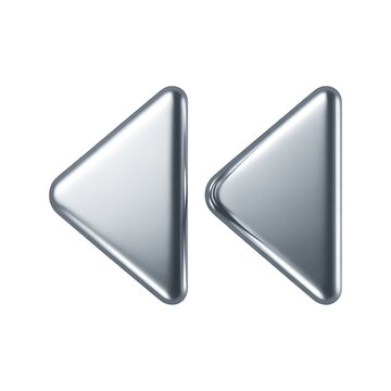 Metallic silver rewind navigation icon symbol isolated on white background with double arrow pointing pointing left shiny silver