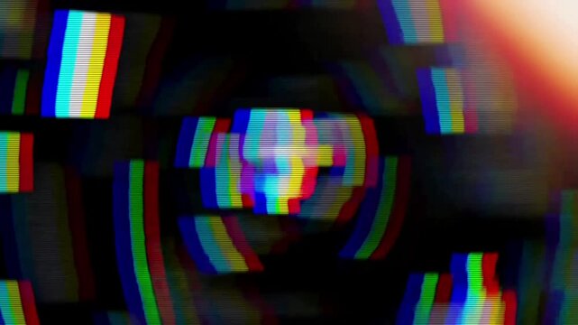 Abstract digital glitch effect with colorful test pattern lines on black