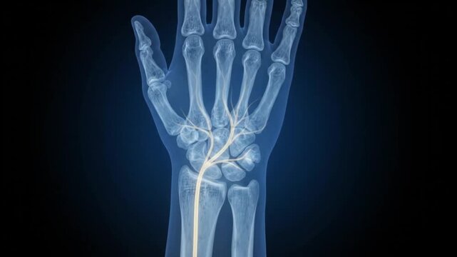 Close up X ray of a human hand showing bones and a highlighted nerve pathway medical imaging concept