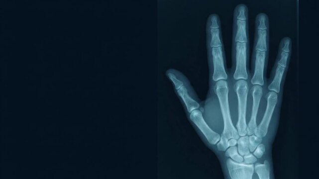 Close up X ray of a human hand revealing detailed bone structure and joints Medical imaging concept