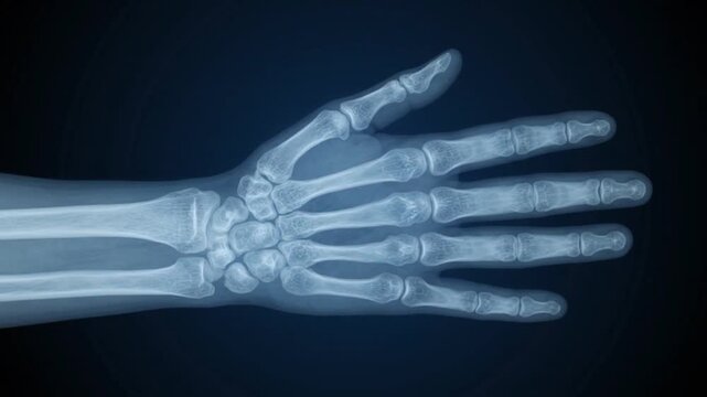 Close up X ray of a human hand showing bones and joints on a dark blue background