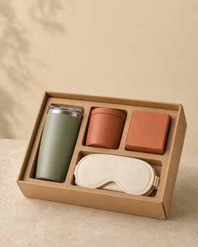 Corporate wellness care package mockup with tumbler and sleep mask in kraft box on beige background