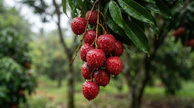 A bunch of ripe lychees hangs from a branch in a rainy forest. The lychees are a deep red color and covered in water droplets. The background shows a blurred forest with trees and a cloudy sky.