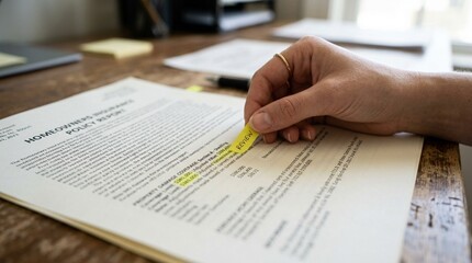 Obraz premium Hand placing a sticky note flag on an insurance report page