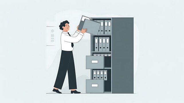 A minimalist illustration of an office worker organizing files in a filing cabinet for professional record keeping management