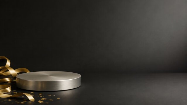 Luxury silver metal product podium with gold ribbon on dark background for retail promotion