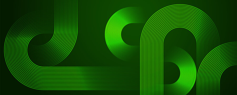 Green abstract background with glowing curved lines, smooth loops and modern geometric pattern. Vector illlustration.