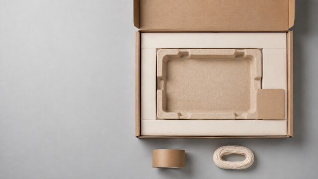 Open kraft mailer box with sustainable molded pulp insert and shipping supplies mockup on grey background