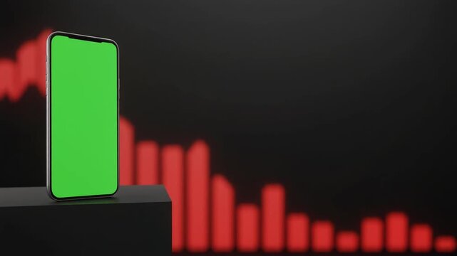 Smartphone with green screen on a pedestal against a background showing a declining red financial market stock chart
