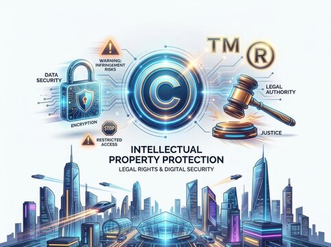 Intellectual property protection concept with copyright symbol and legal gavel