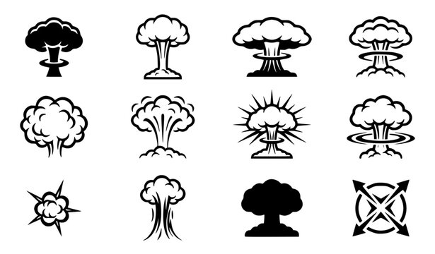 Monochrome mushroom cloud and radial explosion effects black vector set