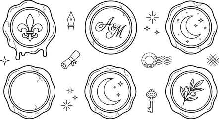 Vintage wax seal stamp line art icon set featuring fleur de lis monogram moon branch and envelope postal elements © MOMINA