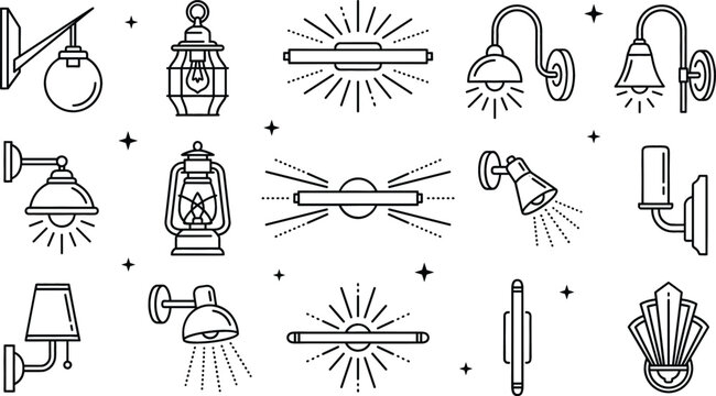 Vintage wall sconce line art icon set featuring retro lamps lanterns outdoor lighting fixtures and decorative interior illumination