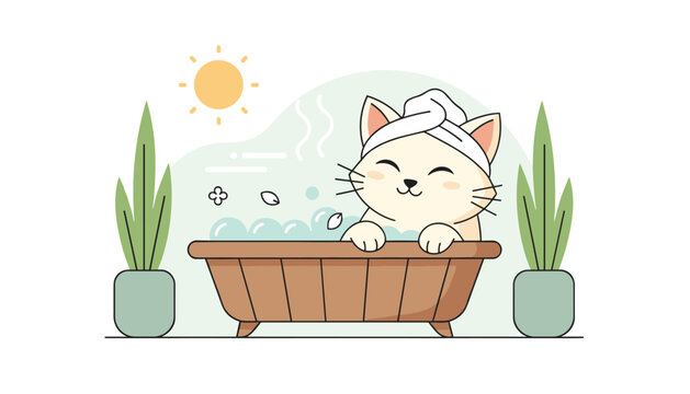 Adorable cartoon cat enjoying a relaxing warm bubble bath in a wooden tub with potted plants and a bright sun.