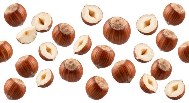 Falling hazelnut pattern background with whole and half cut brown nuts for chocolate snack design.
