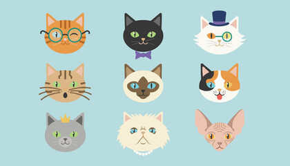 Fototapeta premium Diverse collection of nine cute cartoon cat faces of various breeds and expressions on a soft blue background.