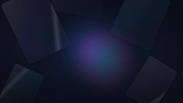 Abstract glassmorphism animation featuring floating frosted glass panels on a dark purple gradient background.