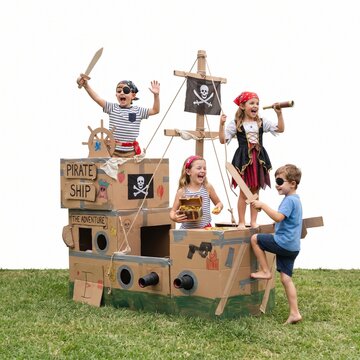 Children dressed as pirates playing on a cardboard pirate ship