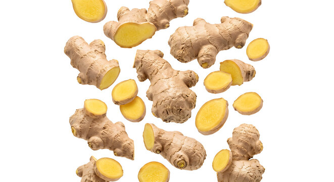 Fresh ginger roots and sliced ginger pieces falling down isolated on transparent png background.