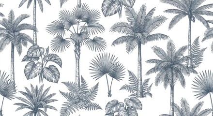 Obraz premium Tropical seamless pattern with palm trees and exotic plants in a vintage engraved style on a white background