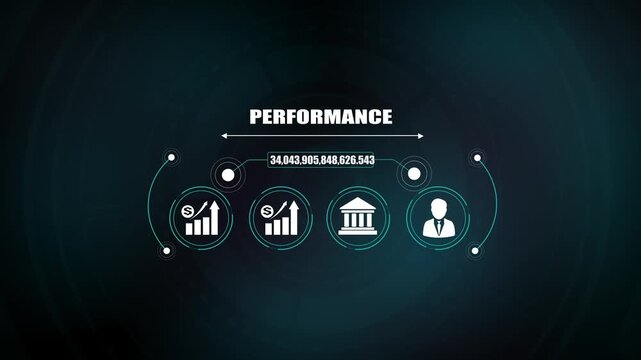 Business performance evaluation motion graphic, corporate financial growth concept, bank icon and idea symbol, business leader animation.